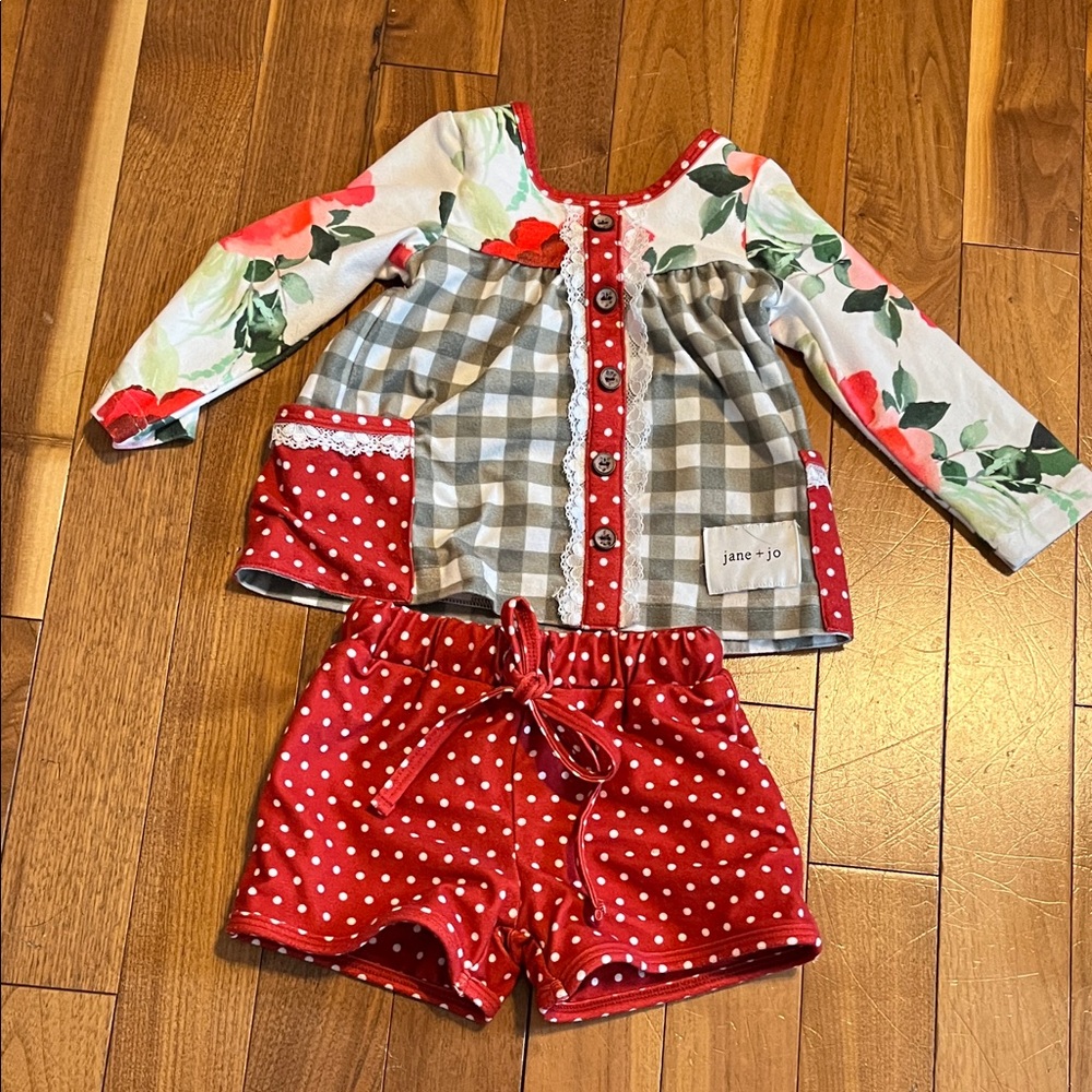 Kids Floral and Checkered outfit- Red and Green